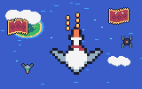 The goose pilot flies over the sea, crumbs flying at a pair of rug pulls